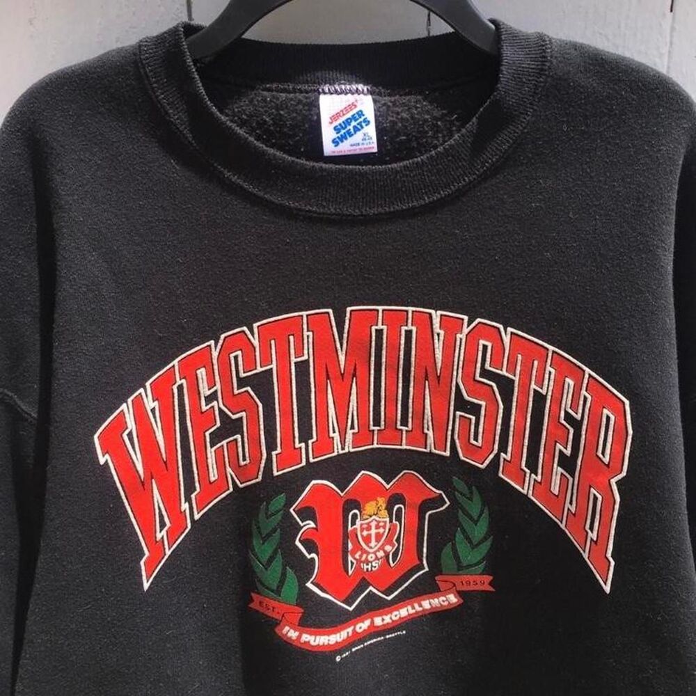 Vintage 1991 Jerzees Westminster Collegiate Crewneck Black Sweatshirt Size XL